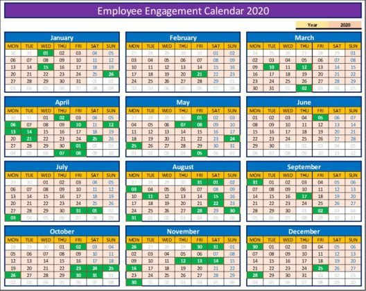 Fully Dynamic Employee Engagement Calendar for 2020 in Excel