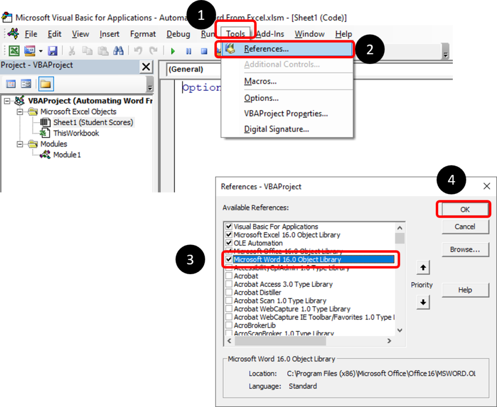 Add Microsoft Word 16.0 Object Library