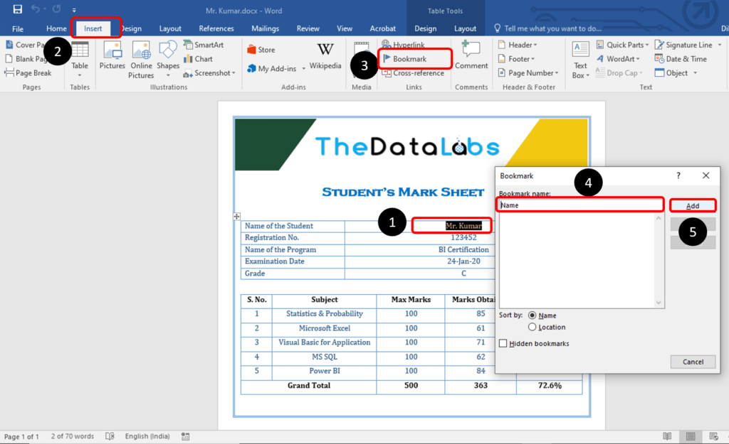 Steps to Insert Bookmarks