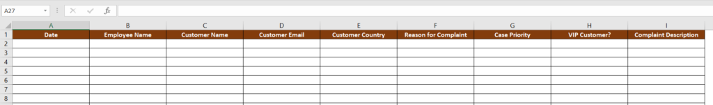 Pending Complaints Sheet Headers