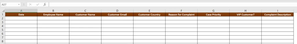 Pending Complaints Sheet Headers