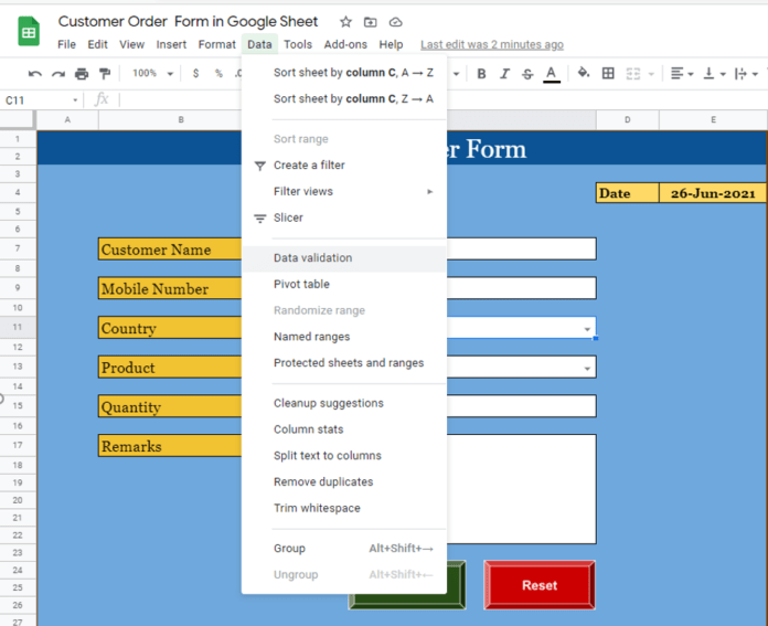 Customer Order Form in Google Sheet and Apps Script - TheDataLabs