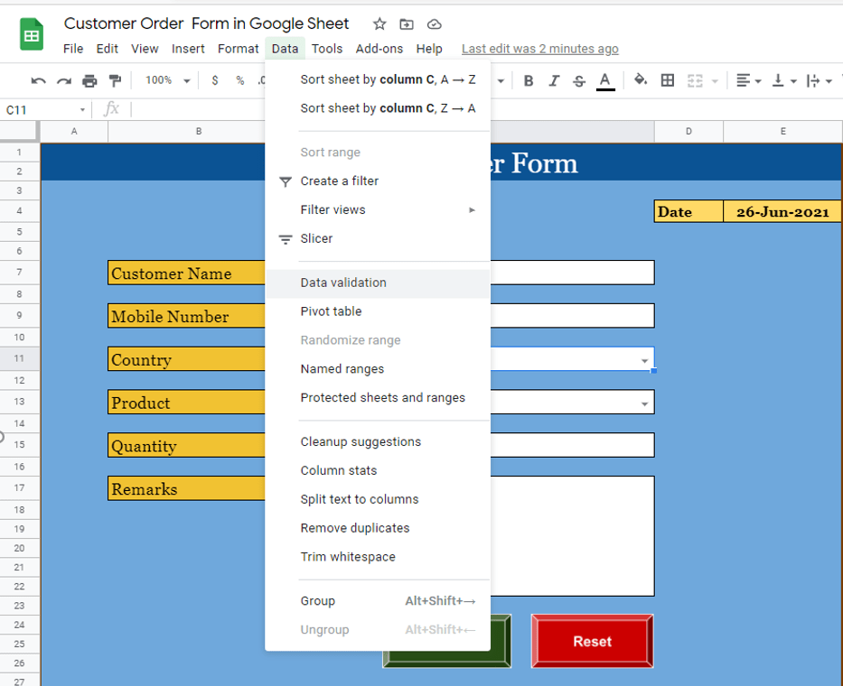 16. Data Validation Menu