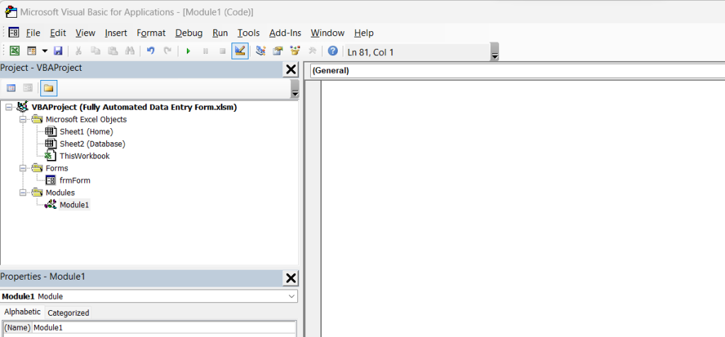 Write VBA code in Module window in Fully Automated Data Entry Form