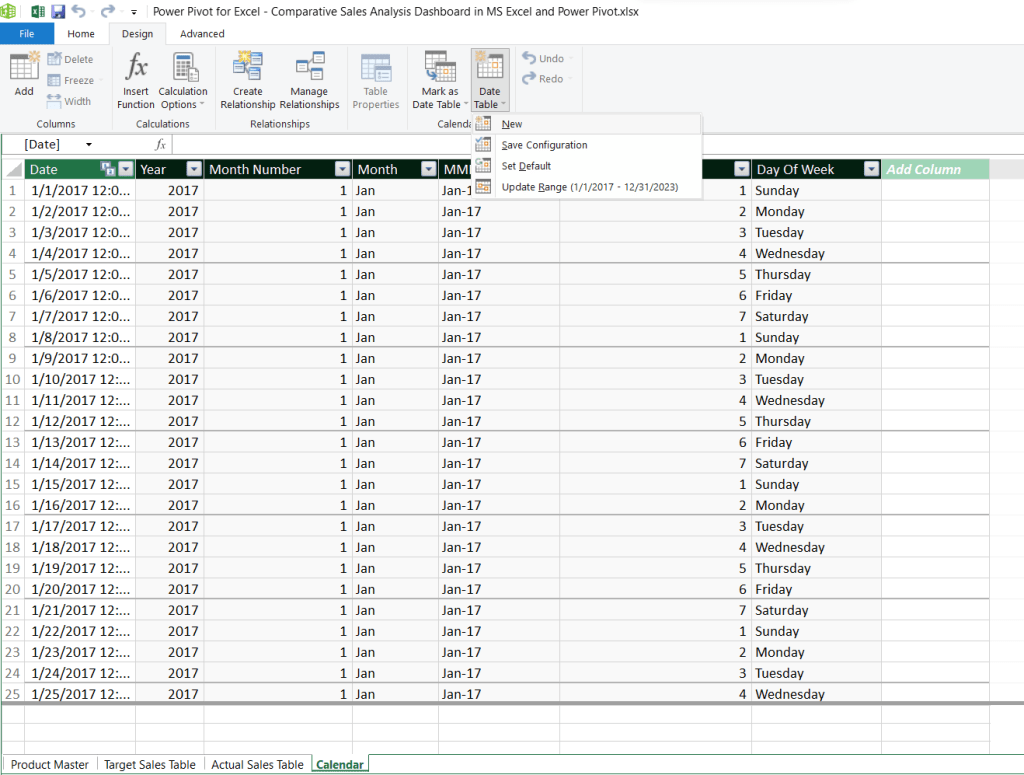 Custom Calendar Table in Comparative Sales Analysis Dashboard